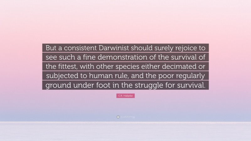 C.R. Hallpike Quote: “But a consistent Darwinist should surely rejoice to see such a fine demonstration of the survival of the fittest, with other species either decimated or subjected to human rule, and the poor regularly ground under foot in the struggle for survival.”