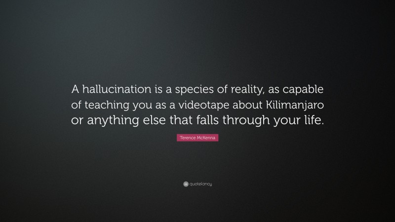 Terence McKenna Quote: “A hallucination is a species of reality, as capable of teaching you as a videotape about Kilimanjaro or anything else that falls through your life.”