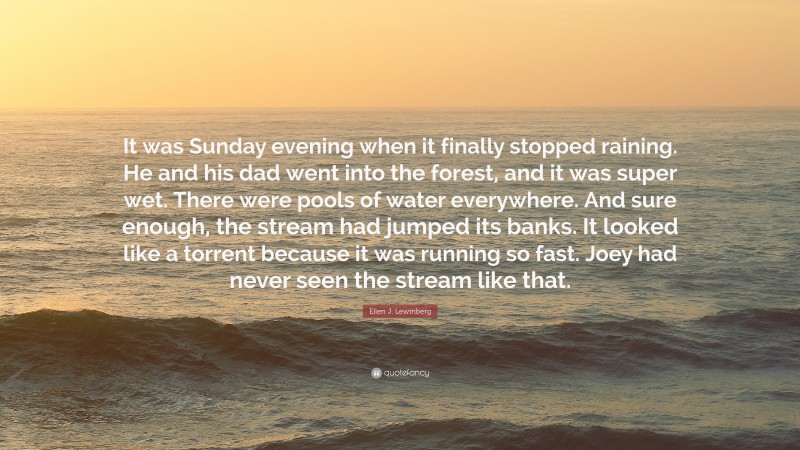 Ellen J. Lewinberg Quote: “It was Sunday evening when it finally stopped raining. He and his dad went into the forest, and it was super wet. There were pools of water everywhere. And sure enough, the stream had jumped its banks. It looked like a torrent because it was running so fast. Joey had never seen the stream like that.”