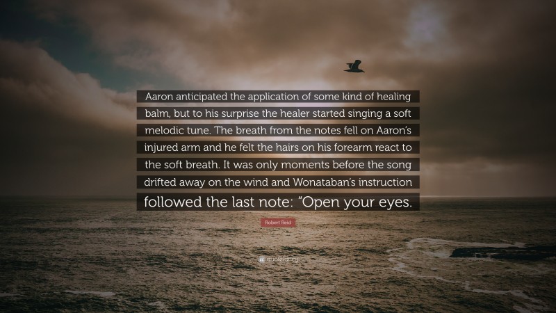 Robert Reid Quote: “Aaron anticipated the application of some kind of healing balm, but to his surprise the healer started singing a soft melodic tune. The breath from the notes fell on Aaron’s injured arm and he felt the hairs on his forearm react to the soft breath. It was only moments before the song drifted away on the wind and Wonataban’s instruction followed the last note: “Open your eyes.”