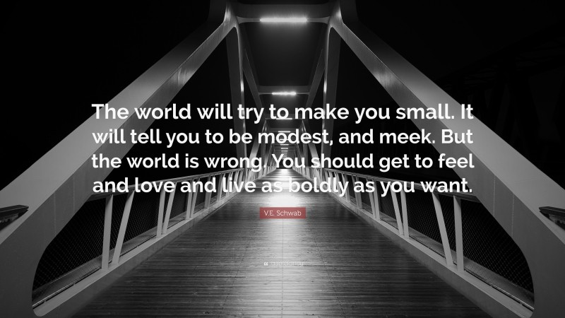 V.E. Schwab Quote: “The world will try to make you small. It will tell you to be modest, and meek. But the world is wrong. You should get to feel and love and live as boldly as you want.”