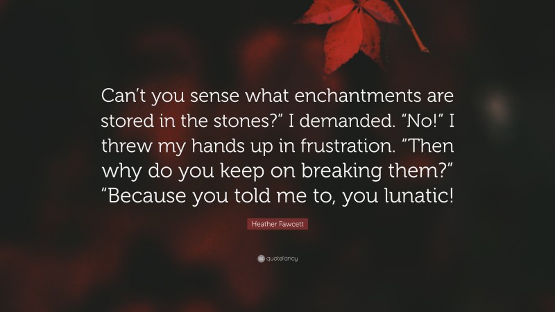 Heather Fawcett Quote: “Can’t you sense what enchantments are stored in the stones?” I demanded. “No!” I threw my hands up in frustration. “Then why do you keep on breaking them?” “Because you told me to, you lunatic!”