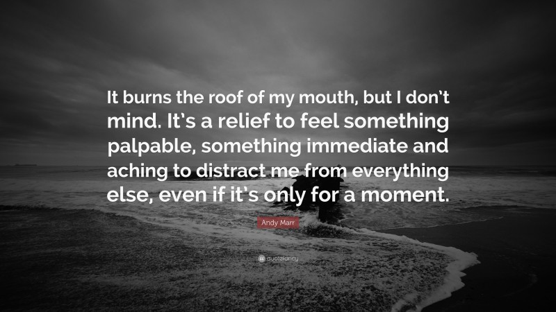 Andy Marr Quote: “It burns the roof of my mouth, but I don’t mind. It’s a relief to feel something palpable, something immediate and aching to distract me from everything else, even if it’s only for a moment.”