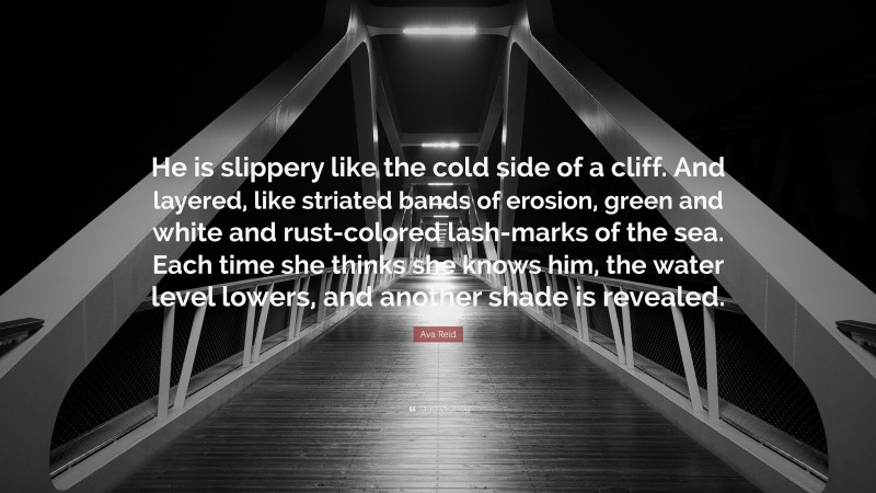 Ava Reid Quote: “He is slippery like the cold side of a cliff. And layered, like striated bands of erosion, green and white and rust-colored lash-marks of the sea. Each time she thinks she knows him, the water level lowers, and another shade is revealed.”