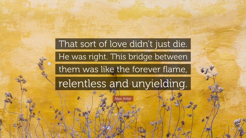 Alex Aster Quote: “That sort of love didn’t just die. He was right. This bridge between them was like the forever flame, relentless and unyielding.”
