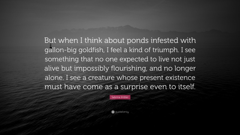 Sabrina Imbler Quote: “But when I think about ponds infested with gallon-big goldfish, I feel a kind of triumph. I see something that no one expected to live not just alive but impossibly flourishing, and no longer alone. I see a creature whose present existence must have come as a surprise even to itself.”