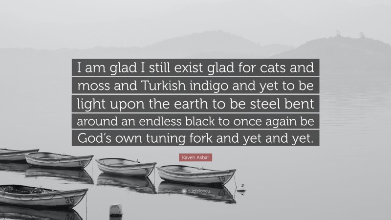 Kaveh Akbar Quote: “I am glad I still exist glad for cats and moss and Turkish indigo and yet to be light upon the earth to be steel bent around an endless black to once again be God’s own tuning fork and yet and yet.”