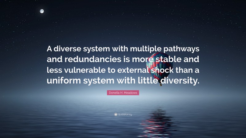 Donella H. Meadows Quote: “A diverse system with multiple pathways and redundancies is more stable and less vulnerable to external shock than a uniform system with little diversity.”