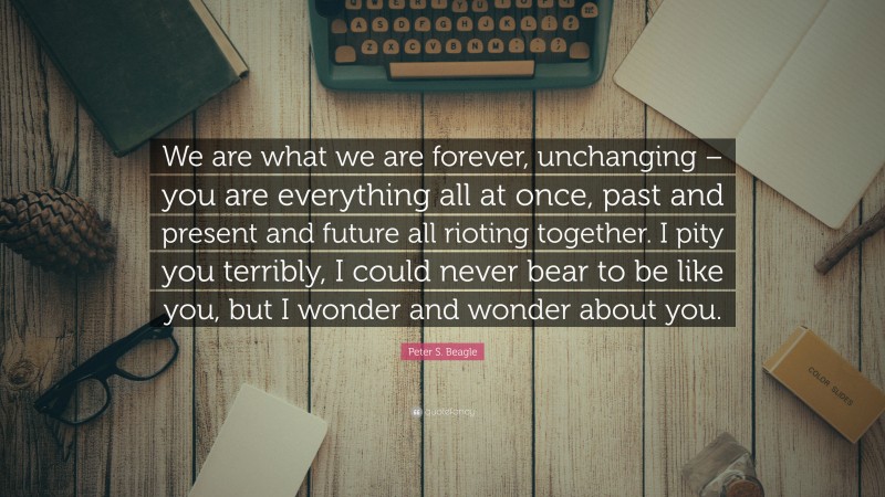 Peter S. Beagle Quote: “We are what we are forever, unchanging – you are everything all at once, past and present and future all rioting together. I pity you terribly, I could never bear to be like you, but I wonder and wonder about you.”