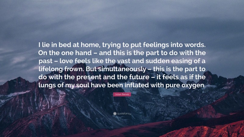 Julian Barnes Quote: “I lie in bed at home, trying to put feelings into words. On the one hand – and this is the part to do with the past – love feels like the vast and sudden easing of a lifelong frown. But simultaneously – this is the part to do with the present and the future – it feels as if the lungs of my soul have been inflated with pure oxygen.”