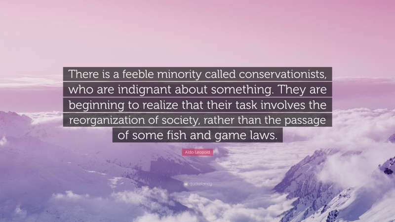 Aldo Leopold Quote: “There is a feeble minority called conservationists, who are indignant about something. They are beginning to realize that their task involves the reorganization of society, rather than the passage of some fish and game laws.”