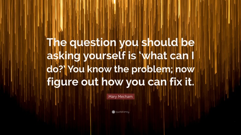 Mary Mecham Quote: “The question you should be asking yourself is ‘what can I do?’ You know the problem; now figure out how you can fix it.”