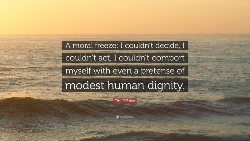 Tim O'Brien Quote: “A moral freeze: I couldn’t decide, I couldn’t act, I couldn’t comport myself with even a pretense of modest human dignity.”