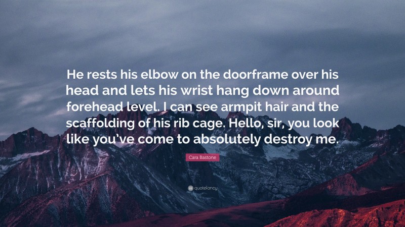 Cara Bastone Quote: “He rests his elbow on the doorframe over his head and lets his wrist hang down around forehead level. I can see armpit hair and the scaffolding of his rib cage. Hello, sir, you look like you’ve come to absolutely destroy me.”