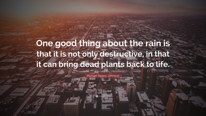 Michael Bassey Johnson Quote: “One good thing about the rain is that it is not only destructive, in that it can bring dead plants back to life.”