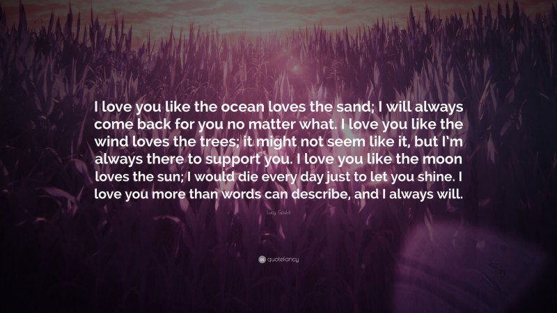 Lucy Gould Quote: “I love you like the ocean loves the sand; I will always come back for you no matter what. I love you like the wind loves the trees; it might not seem like it, but I’m always there to support you. I love you like the moon loves the sun; I would die every day just to let you shine. I love you more than words can describe, and I always will.”
