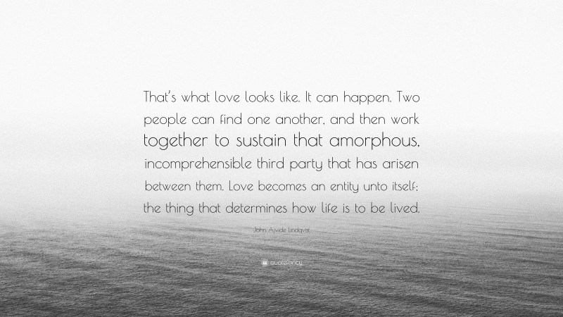 John Ajvide Lindqvist Quote: “That’s what love looks like. It can happen. Two people can find one another, and then work together to sustain that amorphous, incomprehensible third party that has arisen between them. Love becomes an entity unto itself; the thing that determines how life is to be lived.”