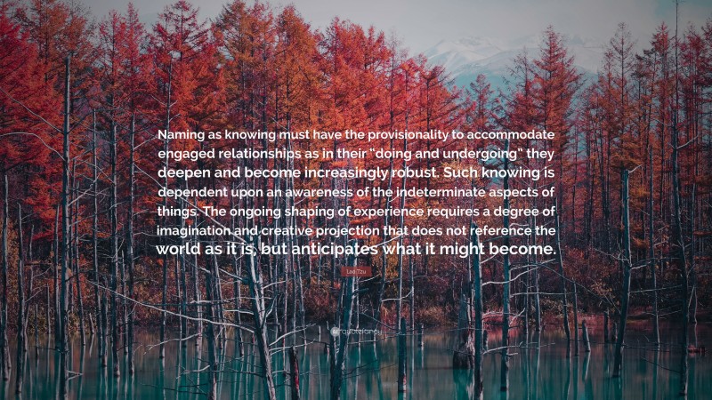 Lao Tzu Quote: “Naming as knowing must have the provisionality to accommodate engaged relationships as in their “doing and undergoing” they deepen and become increasingly robust. Such knowing is dependent upon an awareness of the indeterminate aspects of things. The ongoing shaping of experience requires a degree of imagination and creative projection that does not reference the world as it is, but anticipates what it might become.”