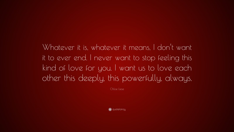 Chloe Liese Quote: “Whatever it is, whatever it means, I don’t want it to ever end. I never want to stop feeling this kind of love for you. I want us to love each other this deeply, this powerfully, always.”