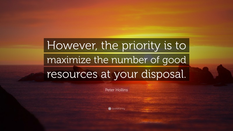 Peter Hollins Quote: “However, the priority is to maximize the number of good resources at your disposal.”