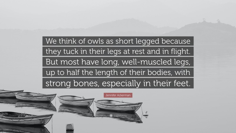 Jennifer Ackerman Quote: “We think of owls as short legged because they tuck in their legs at rest and in flight. But most have long, well-muscled legs, up to half the length of their bodies, with strong bones, especially in their feet.”