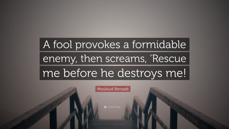 Mouloud Benzadi Quote: “A fool provokes a formidable enemy, then screams, ‘Rescue me before he destroys me!”