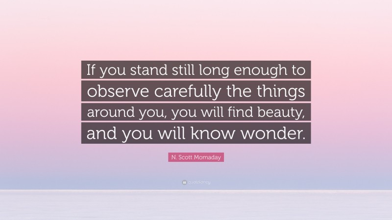 N. Scott Momaday Quote: “If you stand still long enough to observe carefully the things around you, you will find beauty, and you will know wonder.”