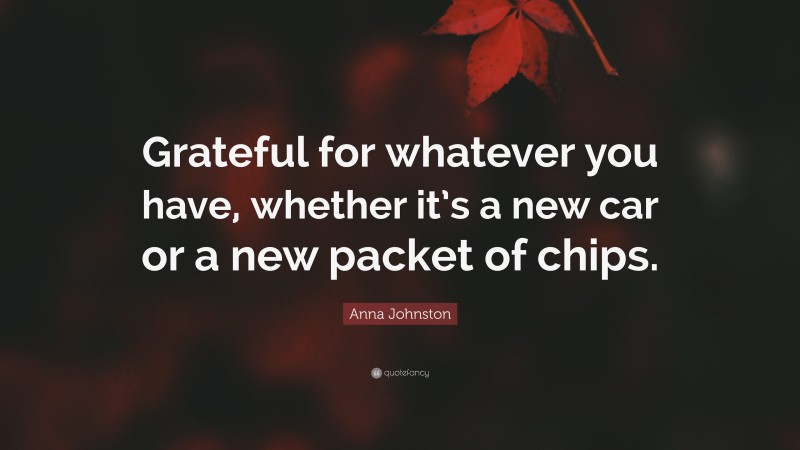 Anna Johnston Quote: “Grateful for whatever you have, whether it’s a new car or a new packet of chips.”
