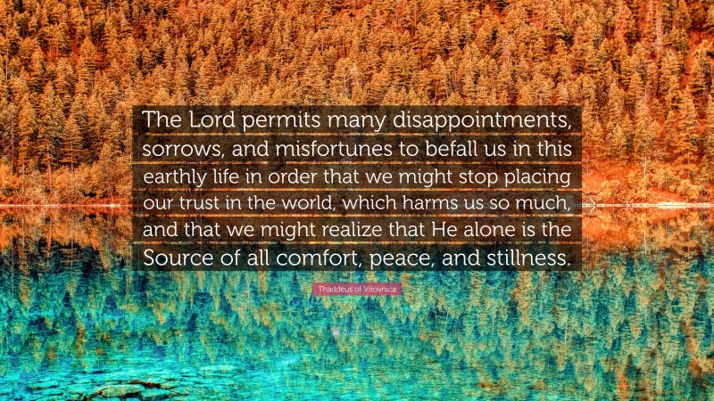 Thaddeus of Vitovnica Quote: “The Lord permits many disappointments, sorrows, and misfortunes to befall us in this earthly life in order that we might stop placing our trust in the world, which harms us so much, and that we might realize that He alone is the Source of all comfort, peace, and stillness.”