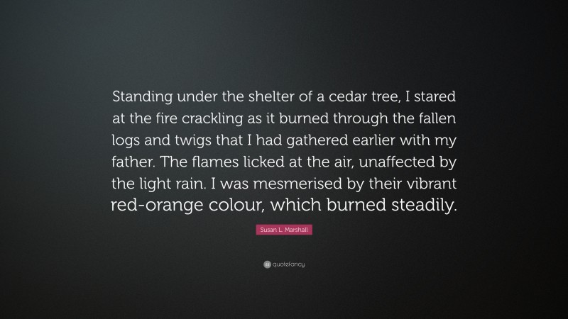 Susan L. Marshall Quote: “Standing under the shelter of a cedar tree, I stared at the fire crackling as it burned through the fallen logs and twigs that I had gathered earlier with my father. The flames licked at the air, unaffected by the light rain. I was mesmerised by their vibrant red-orange colour, which burned steadily.”