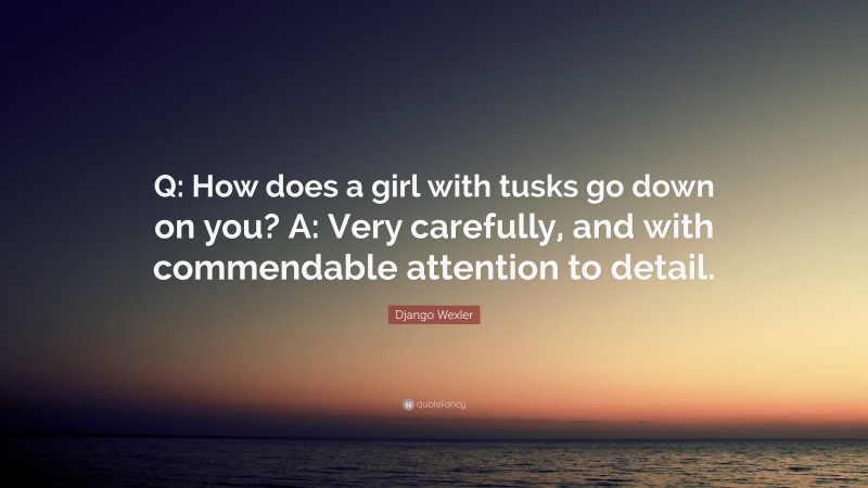 Django Wexler Quote: “Q: How does a girl with tusks go down on you? A: Very carefully, and with commendable attention to detail.”