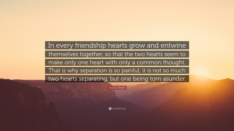 Fulton J. Sheen Quote: “In every friendship hearts grow and entwine themselves together, so that the two hearts seem to make only one heart with only a common thought. That is why separation is so painful; it is not so much two hearts separating, but one being torn asunder.”