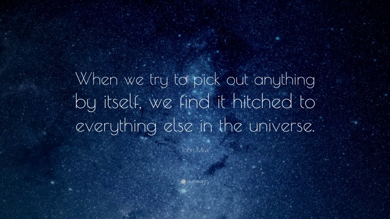 John Muir Quote: “When we try to pick out anything by itself, we find it hitched to everything else in the universe.”
