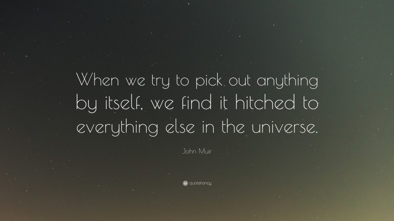 John Muir Quote: “When we try to pick out anything by itself, we find it hitched to everything else in the universe.”