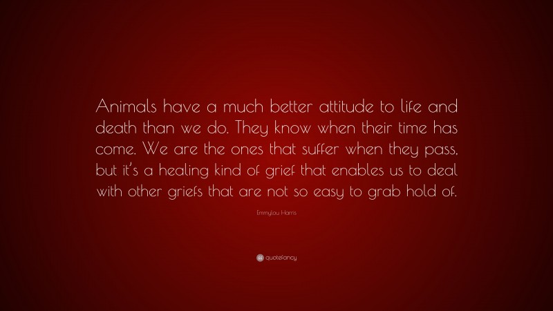 Emmylou Harris Quote: “Animals have a much better attitude to life and death than we do. They know when their time has come. We are the ones that suffer when they pass, but it’s a healing kind of grief that enables us to deal with other griefs that are not so easy to grab hold of.”