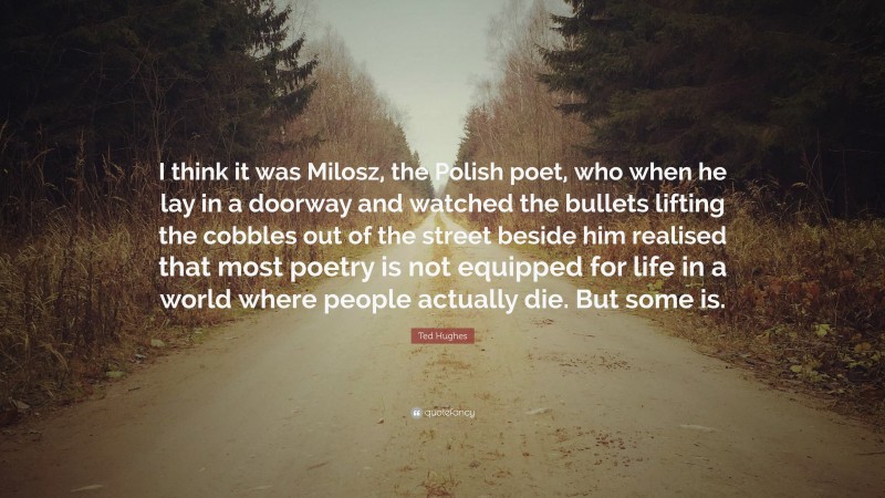 Ted Hughes Quote: “I think it was Milosz, the Polish poet, who when he lay in a doorway and watched the bullets lifting the cobbles out of the street beside him realised that most poetry is not equipped for life in a world where people actually die. But some is.”