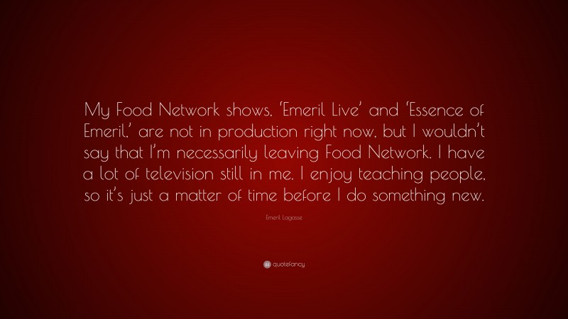 Emeril Lagasse Quote: “My Food Network shows, ‘Emeril Live’ and ‘Essence of Emeril,’ are not in production right now, but I wouldn’t say that I’m necessarily leaving Food Network. I have a lot of television still in me. I enjoy teaching people, so it’s just a matter of time before I do something new.”